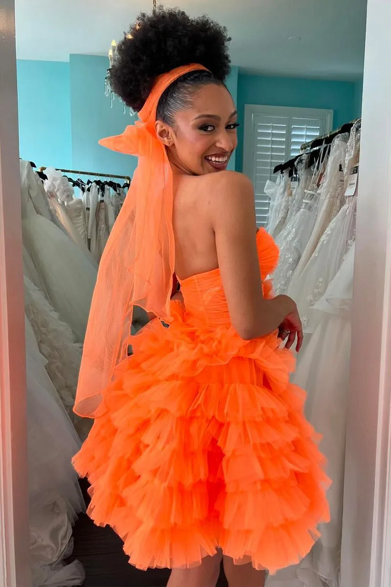 Strapless Ruffle Tie Tulle Short Homecoming Dresses