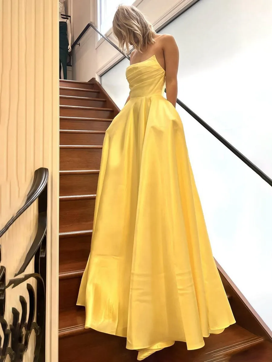 Strapless Sage Satin A-line Long Prom Dresses with Slit