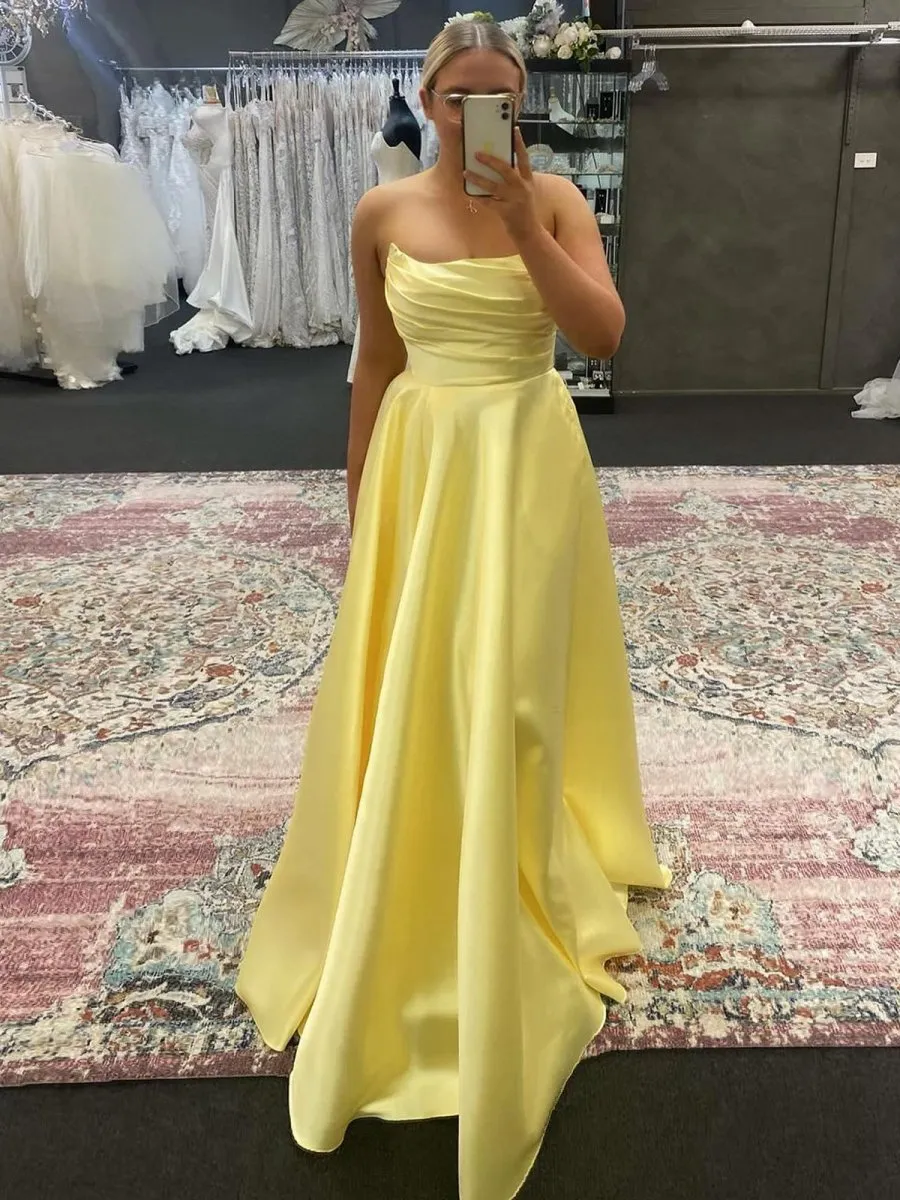 Strapless Sage Satin A-line Long Prom Dresses with Slit