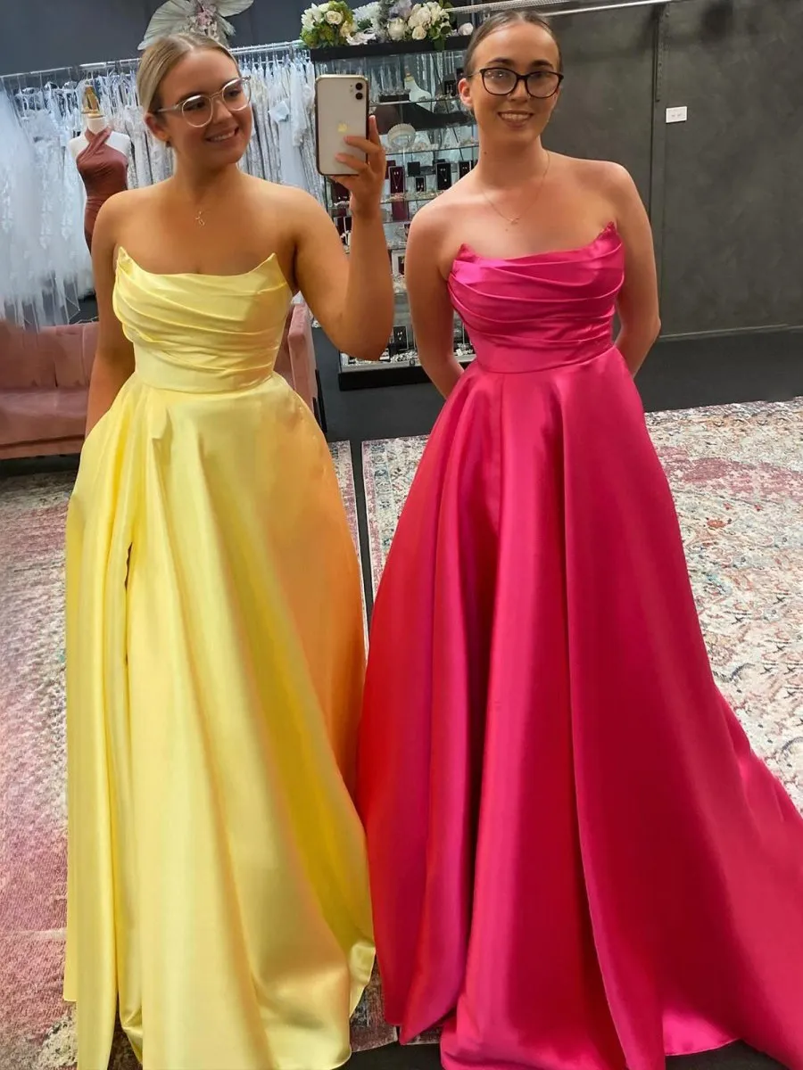 Strapless Sage Satin A-line Long Prom Dresses with Slit