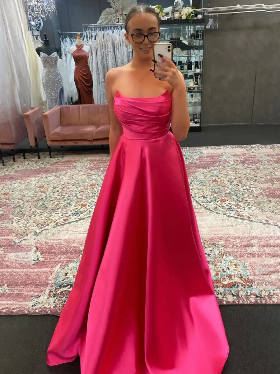 Strapless Sage Satin A-line Long Prom Dresses with Slit