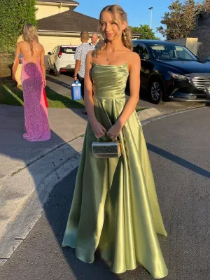 Strapless Sage Satin A-line Long Prom Dresses with Slit