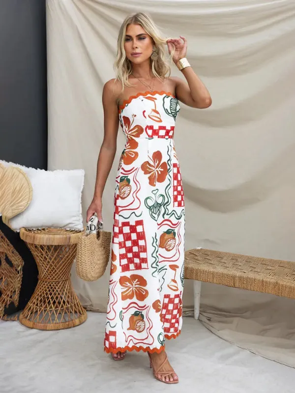 Strapless Tropical Print Maxi Dress with Pleated Skirt