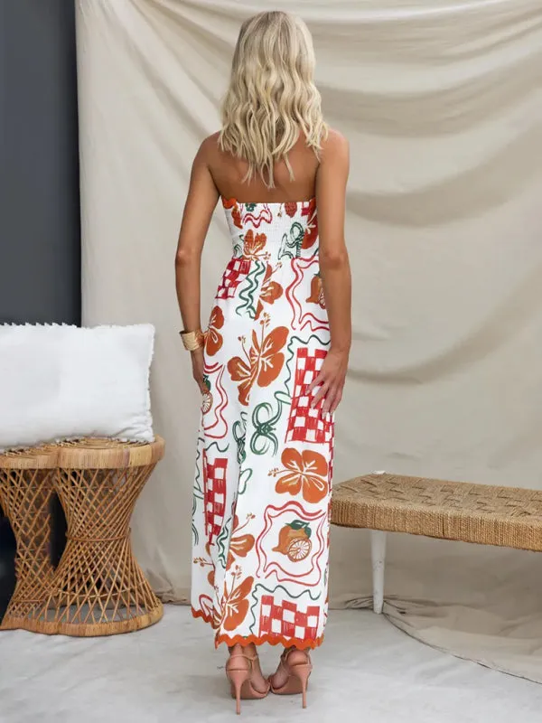 Strapless Tropical Print Maxi Dress with Pleated Skirt
