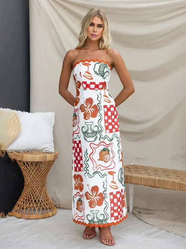 Strapless Tropical Print Maxi Dress with Pleated Skirt