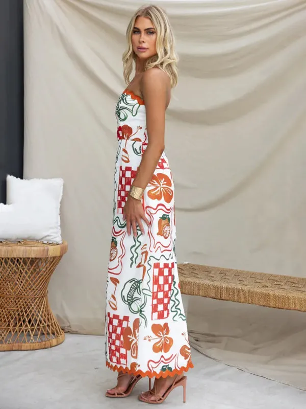 Strapless Tropical Print Maxi Dress with Pleated Skirt