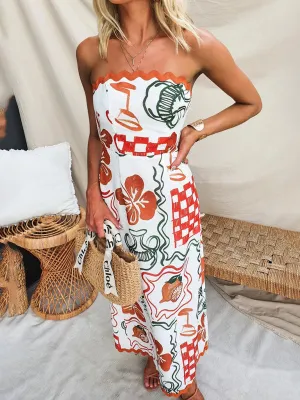 Strapless Tropical Print Maxi Dress with Pleated Skirt