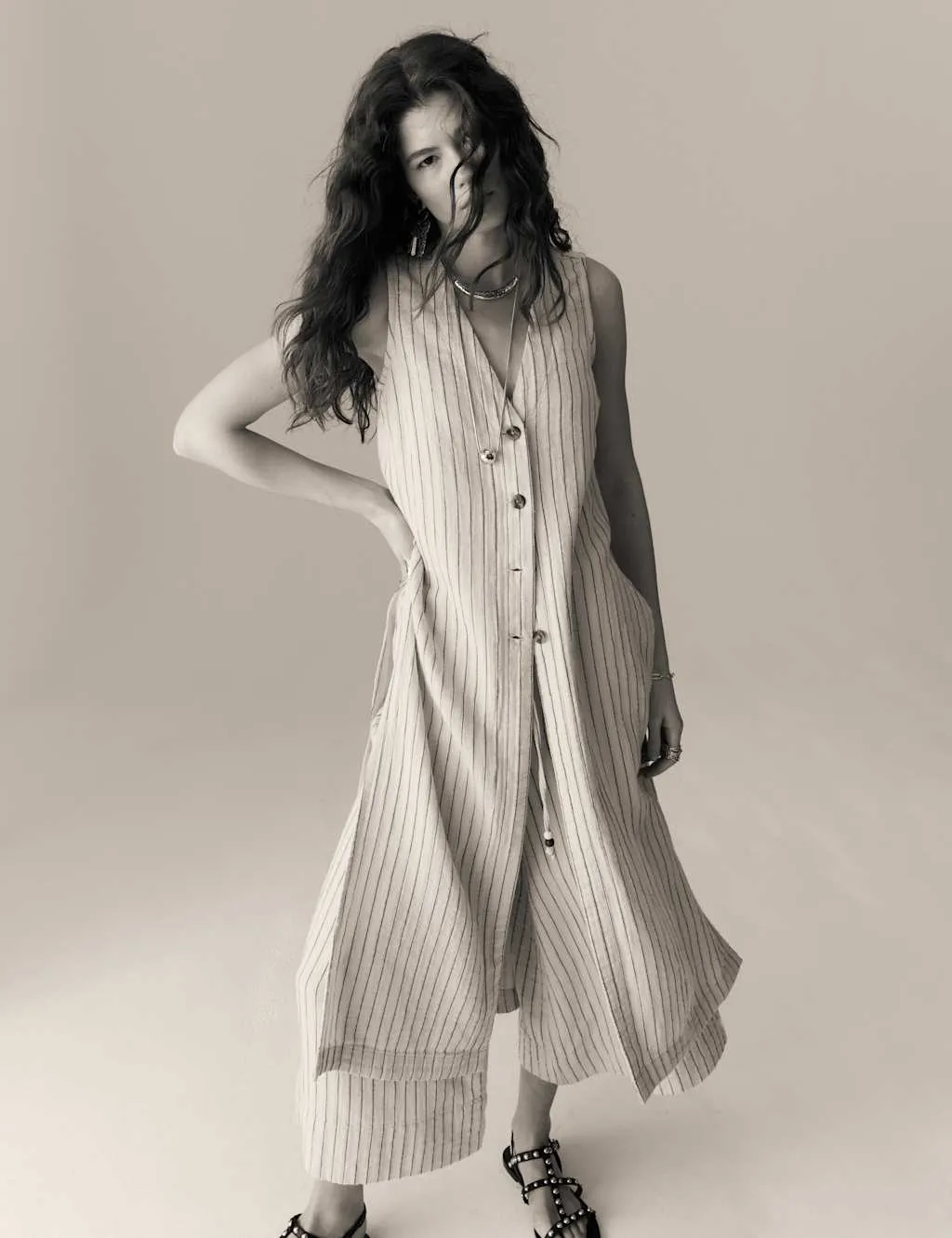 Striped Longline Cardigan with Linen