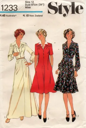 Style 1233 Womens Wide Collared Shirtdress / Maxi Dress with Pockets 1970s Vintage Sewing Pattern Size 12, 14 or 16