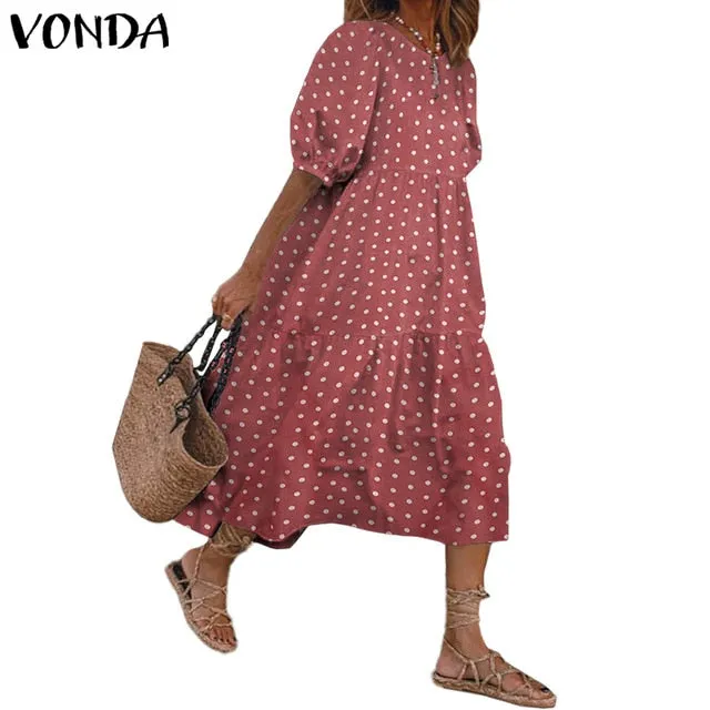 Summer Dress Vintage Sexy Lantern Sleeve Mid-Calf Dress Beach Bohemian Women'Summer Sundress 2021 VONDA Casual Vestido Plus Size