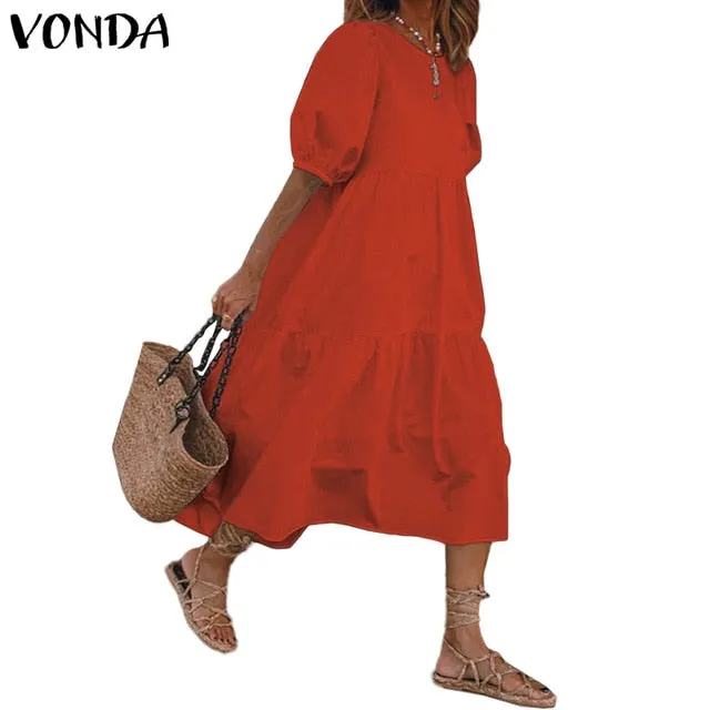 Summer Dress Vintage Sexy Lantern Sleeve Mid-Calf Dress Beach Bohemian Women'Summer Sundress 2021 VONDA Casual Vestido Plus Size