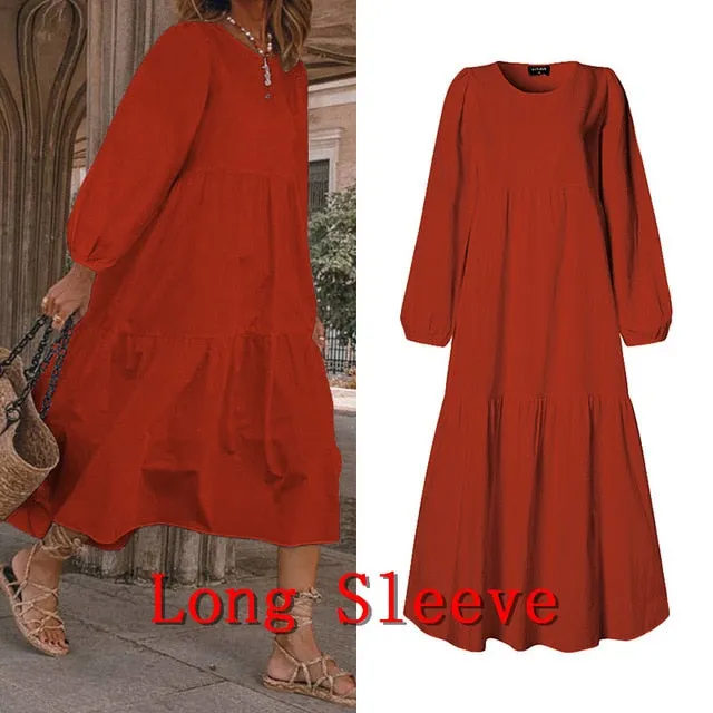 Summer Dress Vintage Sexy Lantern Sleeve Mid-Calf Dress Beach Bohemian Women'Summer Sundress 2021 VONDA Casual Vestido Plus Size