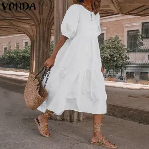 Summer Dress Vintage Sexy Lantern Sleeve Mid-Calf Dress Beach Bohemian Women'Summer Sundress 2021 VONDA Casual Vestido Plus Size