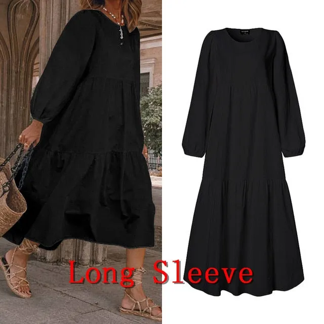Summer Dress Vintage Sexy Lantern Sleeve Mid-Calf Dress Beach Bohemian Women'Summer Sundress 2021 VONDA Casual Vestido Plus Size