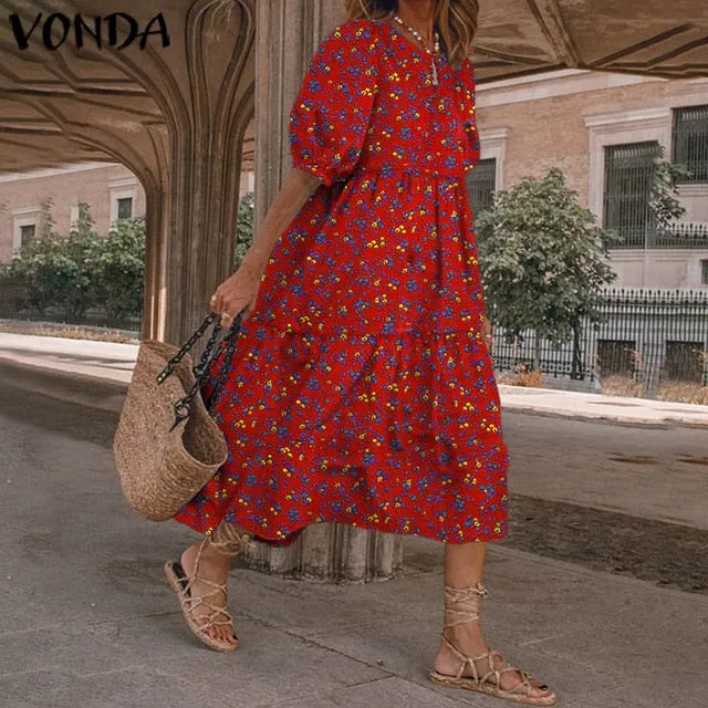 Summer Dress Vintage Sexy Lantern Sleeve Mid-Calf Dress Beach Bohemian Women'Summer Sundress 2021 VONDA Casual Vestido Plus Size