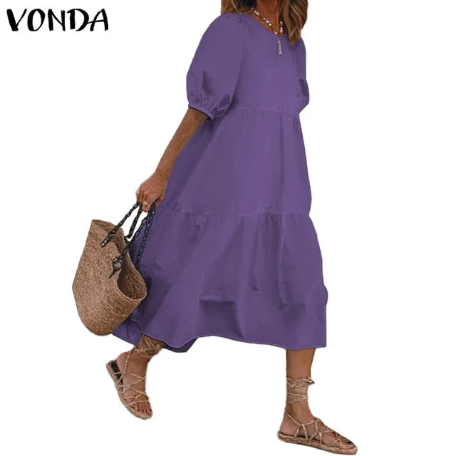Summer Dress Vintage Sexy Lantern Sleeve Mid-Calf Dress Beach Bohemian Women'Summer Sundress 2021 VONDA Casual Vestido Plus Size