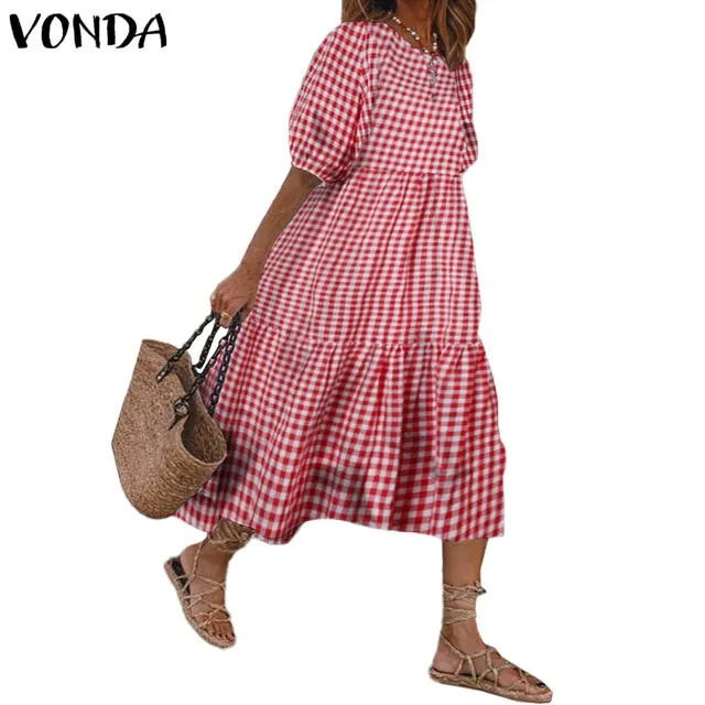 Summer Dress Vintage Sexy Lantern Sleeve Mid-Calf Dress Beach Bohemian Women'Summer Sundress 2021 VONDA Casual Vestido Plus Size