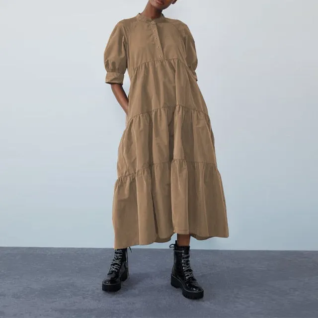 Summer Dress Vintage Sexy Lantern Sleeve Mid-Calf Dress Beach Bohemian Women'Summer Sundress 2021 VONDA Casual Vestido Plus Size