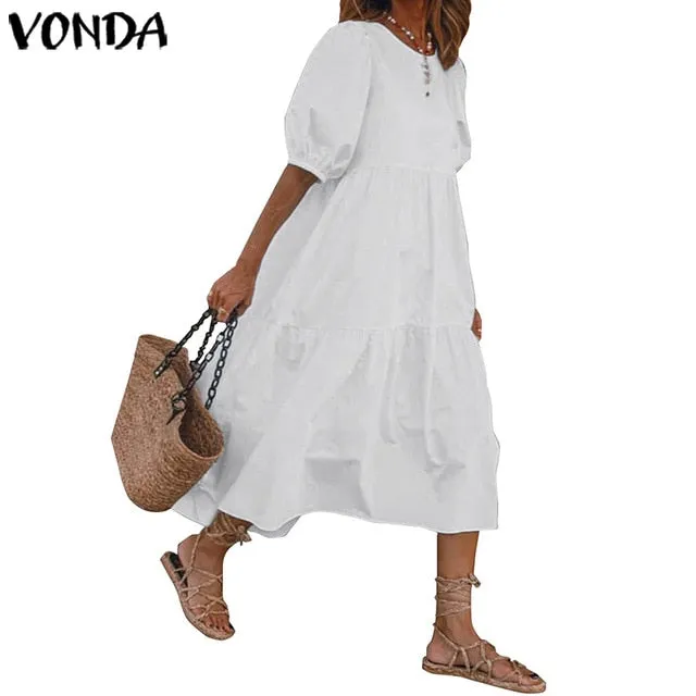 Summer Dress Vintage Sexy Lantern Sleeve Mid-Calf Dress Beach Bohemian Women'Summer Sundress 2021 VONDA Casual Vestido Plus Size