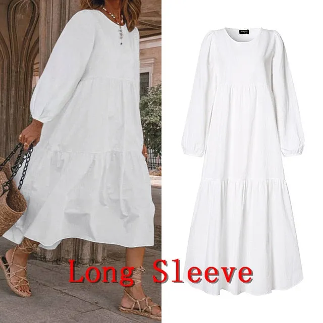 Summer Dress Vintage Sexy Lantern Sleeve Mid-Calf Dress Beach Bohemian Women'Summer Sundress 2021 VONDA Casual Vestido Plus Size