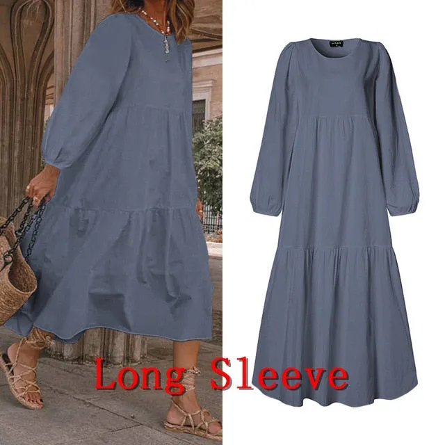 Summer Dress Vintage Sexy Lantern Sleeve Mid-Calf Dress Beach Bohemian Women'Summer Sundress 2021 VONDA Casual Vestido Plus Size