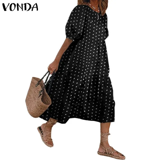 Summer Dress Vintage Sexy Lantern Sleeve Mid-Calf Dress Beach Bohemian Women'Summer Sundress 2021 VONDA Casual Vestido Plus Size