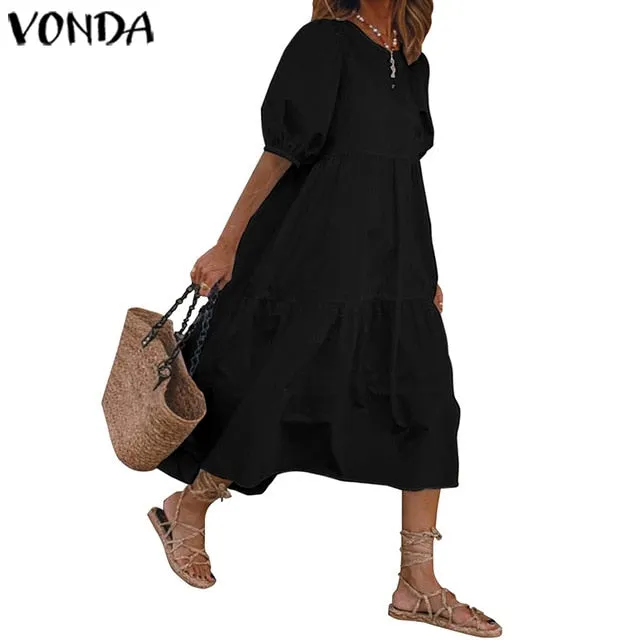 Summer Dress Vintage Sexy Lantern Sleeve Mid-Calf Dress Beach Bohemian Women'Summer Sundress 2021 VONDA Casual Vestido Plus Size