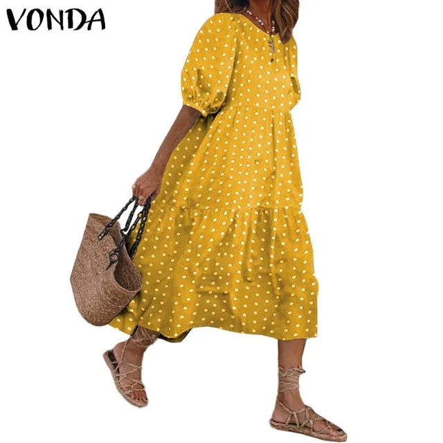 Summer Dress Vintage Sexy Lantern Sleeve Mid-Calf Dress Beach Bohemian Women'Summer Sundress 2021 VONDA Casual Vestido Plus Size