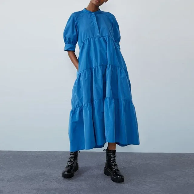 Summer Dress Vintage Sexy Lantern Sleeve Mid-Calf Dress Beach Bohemian Women'Summer Sundress 2021 VONDA Casual Vestido Plus Size