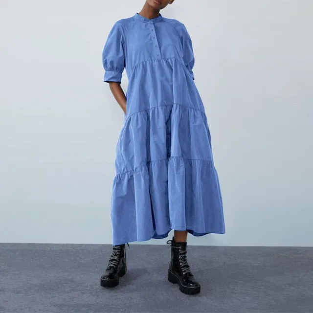 Summer Dress Vintage Sexy Lantern Sleeve Mid-Calf Dress Beach Bohemian Women'Summer Sundress 2021 VONDA Casual Vestido Plus Size