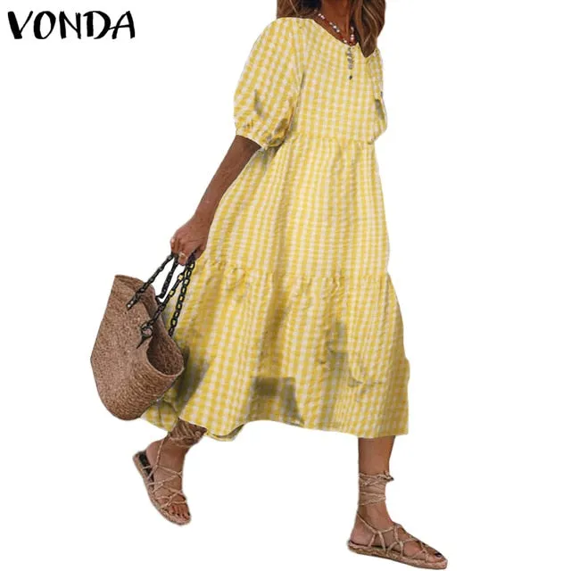 Summer Dress Vintage Sexy Lantern Sleeve Mid-Calf Dress Beach Bohemian Women'Summer Sundress 2021 VONDA Casual Vestido Plus Size