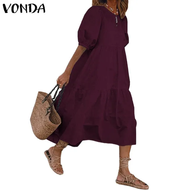 Summer Dress Vintage Sexy Lantern Sleeve Mid-Calf Dress Beach Bohemian Women'Summer Sundress 2021 VONDA Casual Vestido Plus Size