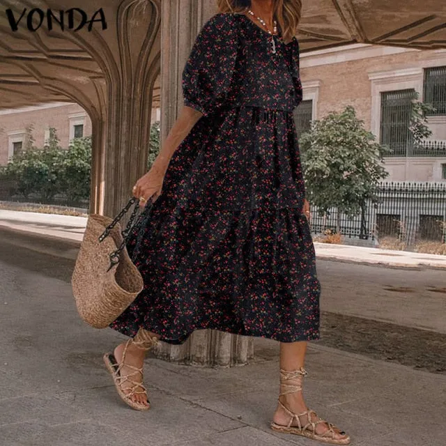Summer Dress Vintage Sexy Lantern Sleeve Mid-Calf Dress Beach Bohemian Women'Summer Sundress 2021 VONDA Casual Vestido Plus Size