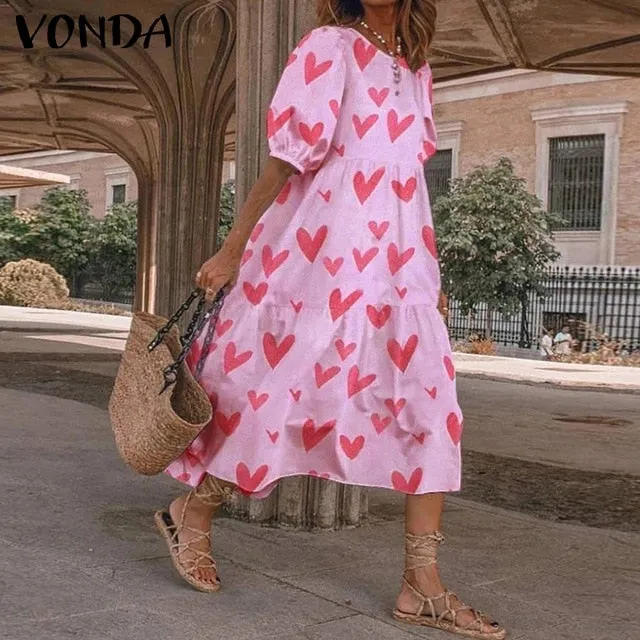 Summer Dress Vintage Sexy Lantern Sleeve Mid-Calf Dress Beach Bohemian Women'Summer Sundress 2021 VONDA Casual Vestido Plus Size
