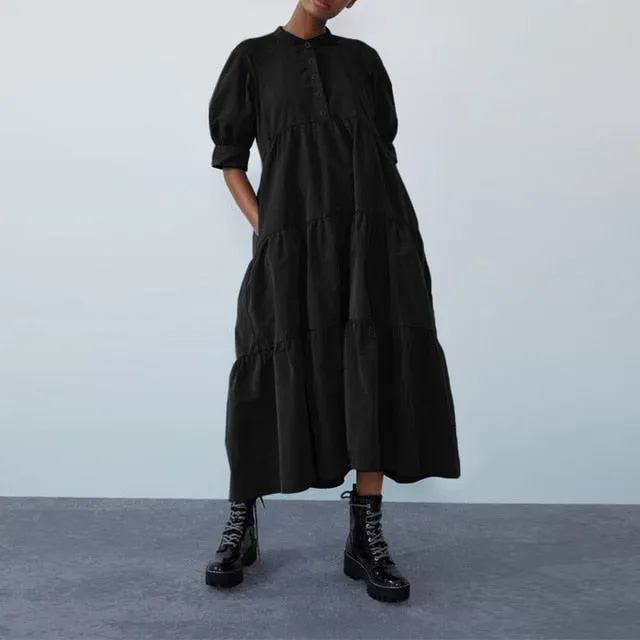 Summer Dress Vintage Sexy Lantern Sleeve Mid-Calf Dress Beach Bohemian Women'Summer Sundress 2021 VONDA Casual Vestido Plus Size