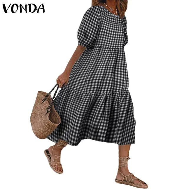 Summer Dress Vintage Sexy Lantern Sleeve Mid-Calf Dress Beach Bohemian Women'Summer Sundress 2021 VONDA Casual Vestido Plus Size