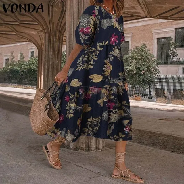 Summer Dress Vintage Sexy Lantern Sleeve Mid-Calf Dress Beach Bohemian Women'Summer Sundress 2021 VONDA Casual Vestido Plus Size