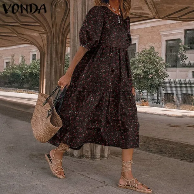 Summer Dress Vintage Sexy Lantern Sleeve Mid-Calf Dress Beach Bohemian Women'Summer Sundress 2021 VONDA Casual Vestido Plus Size