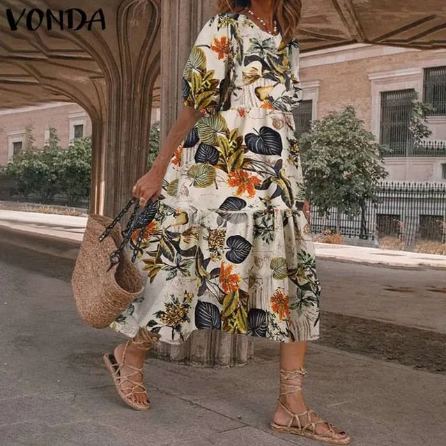 Summer Dress Vintage Sexy Lantern Sleeve Mid-Calf Dress Beach Bohemian Women'Summer Sundress 2021 VONDA Casual Vestido Plus Size