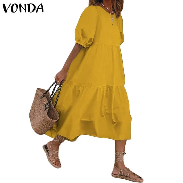 Summer Dress Vintage Sexy Lantern Sleeve Mid-Calf Dress Beach Bohemian Women'Summer Sundress 2021 VONDA Casual Vestido Plus Size