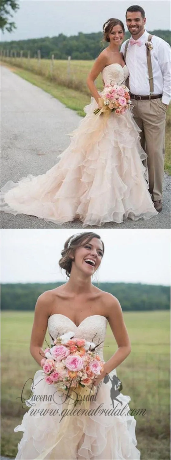 Sweetheart Blush Wedding Dress Strapless Rustic Wedding Dresses, QB0261