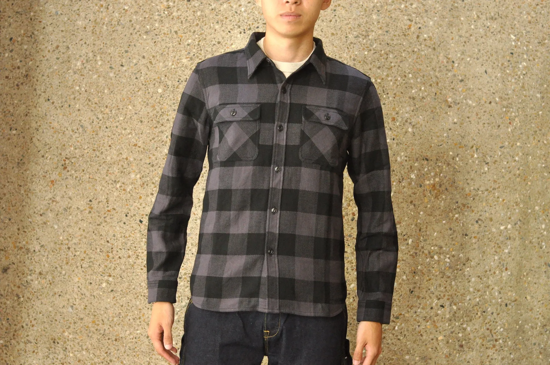 The Flat Head 12oz Selvage Flannel Workshirt (Black X Grey)