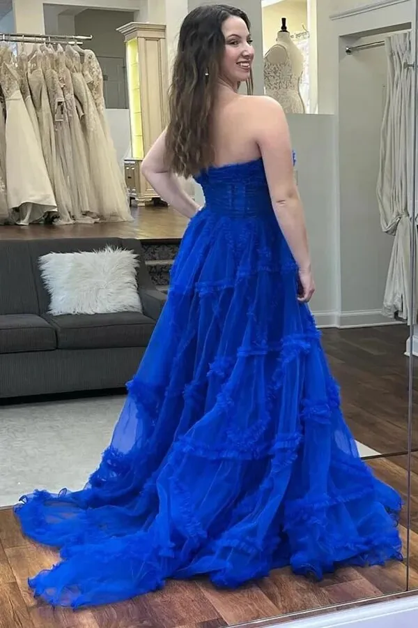 Tulle A-line Strapless Ruffles Prom Dresses With Puff Sleeves, Party Dress, MP990