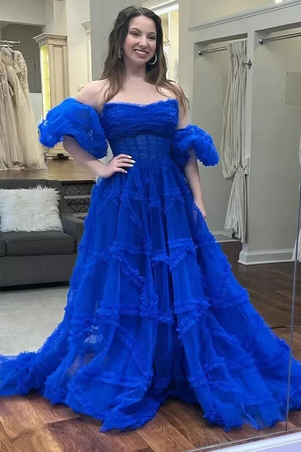 Tulle A-line Strapless Ruffles Prom Dresses With Puff Sleeves, Party Dress, MP990