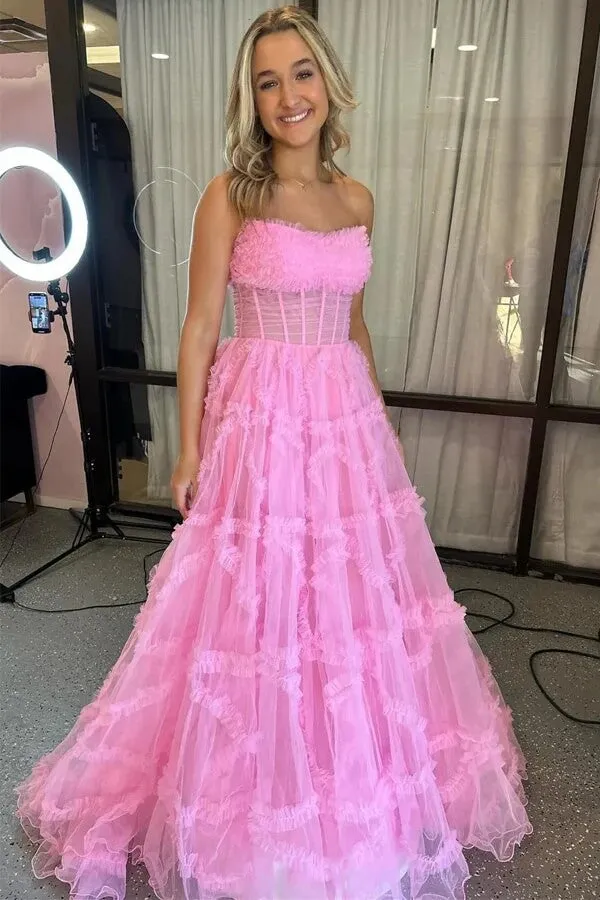Tulle A-line Strapless Ruffles Prom Dresses With Puff Sleeves, Party Dress, MP990