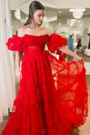 Tulle A-line Strapless Ruffles Prom Dresses With Puff Sleeves, Party Dress, MP990