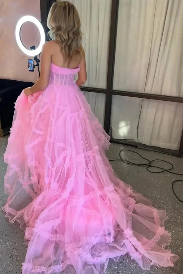 Tulle A-line Strapless Ruffles Prom Dresses With Puff Sleeves, Party Dress, MP990