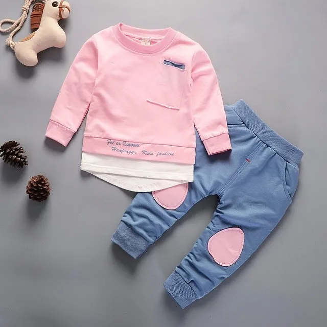 Unisex Cotton Long Sleeve Tracksuit T-Shirt Pants 2 Pcs/Suit