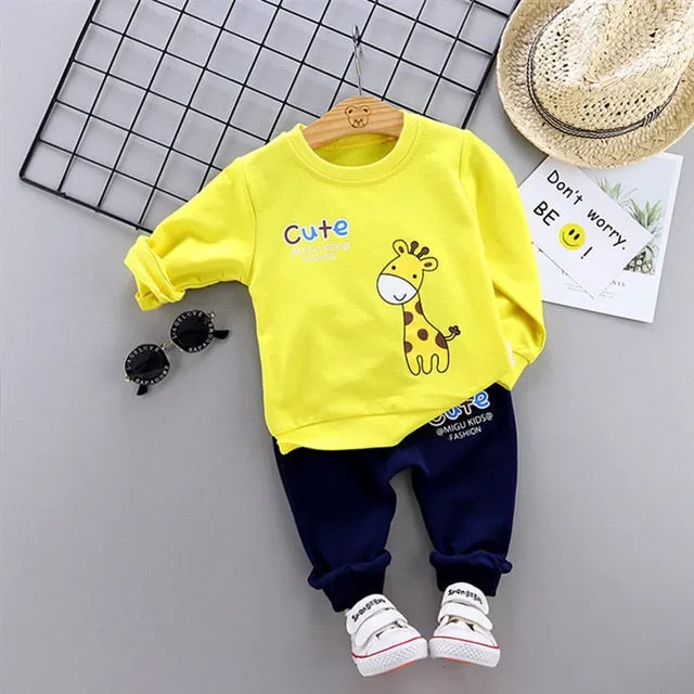 Unisex Cotton Long Sleeve Tracksuit T-Shirt Pants 2 Pcs/Suit