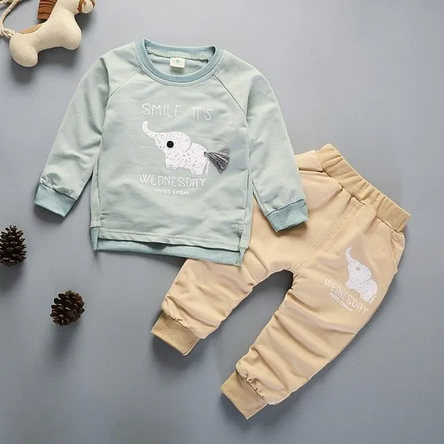 Unisex Cotton Long Sleeve Tracksuit T-Shirt Pants 2 Pcs/Suit
